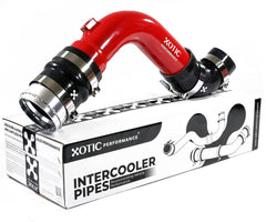 Xotic Performance turbo intercooler outlet pipe visible, engineered for smoother airflow in Ford 6.7L.