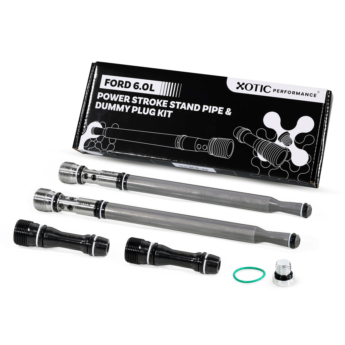 Xotic Performance upgraded stand pipe kit components ready for 6.0L Power Stroke upgrade