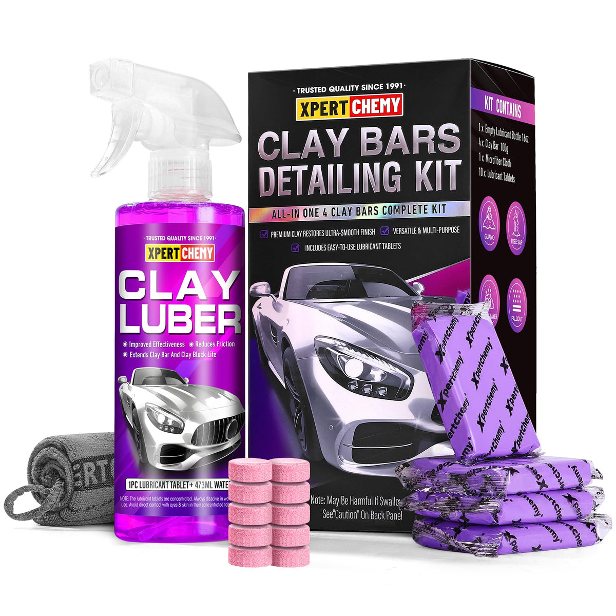 XPERTCHEMY car clay bars 4x100g pack for paint decontamination and a smooth finish.