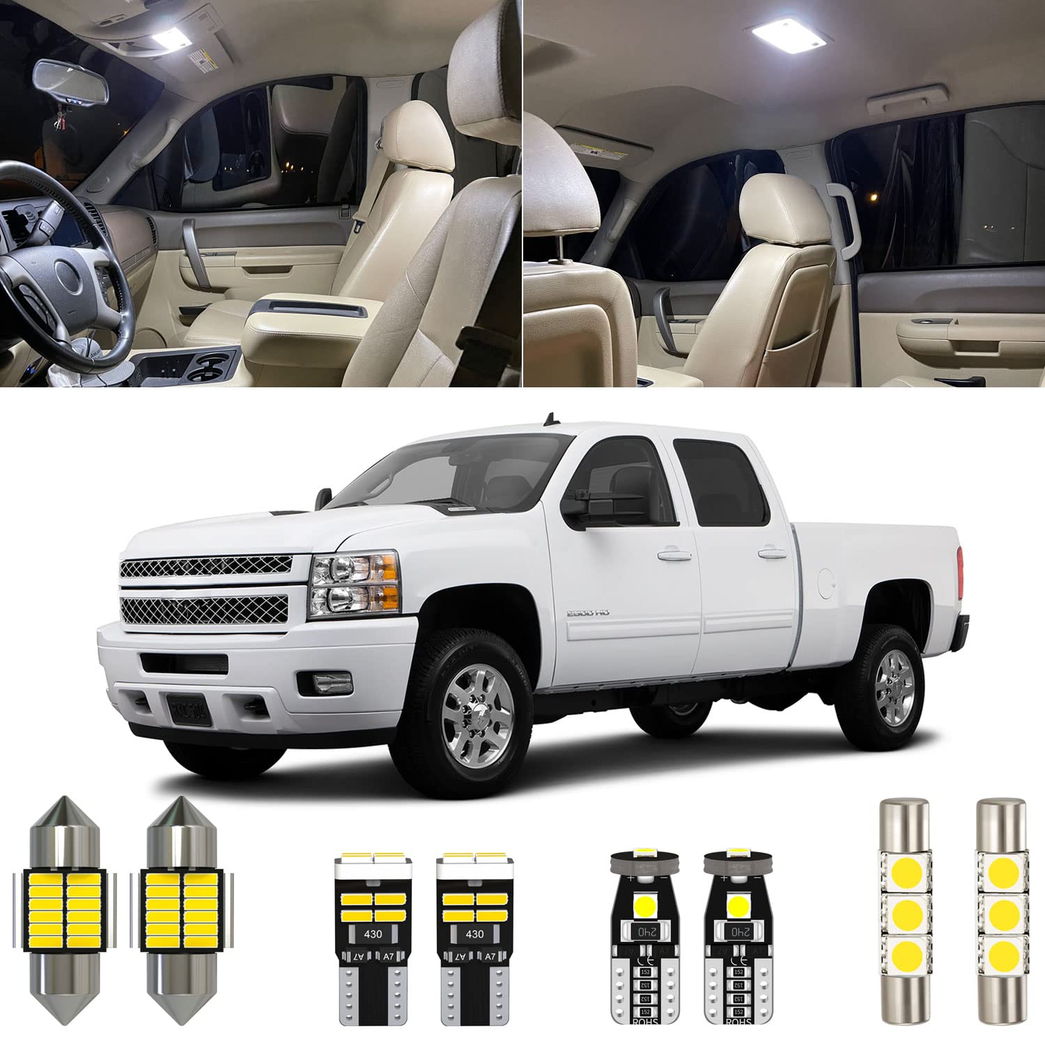 Xpismii interior LED kit with diagram for Silverado/Sierra showing bulb placement and fitment