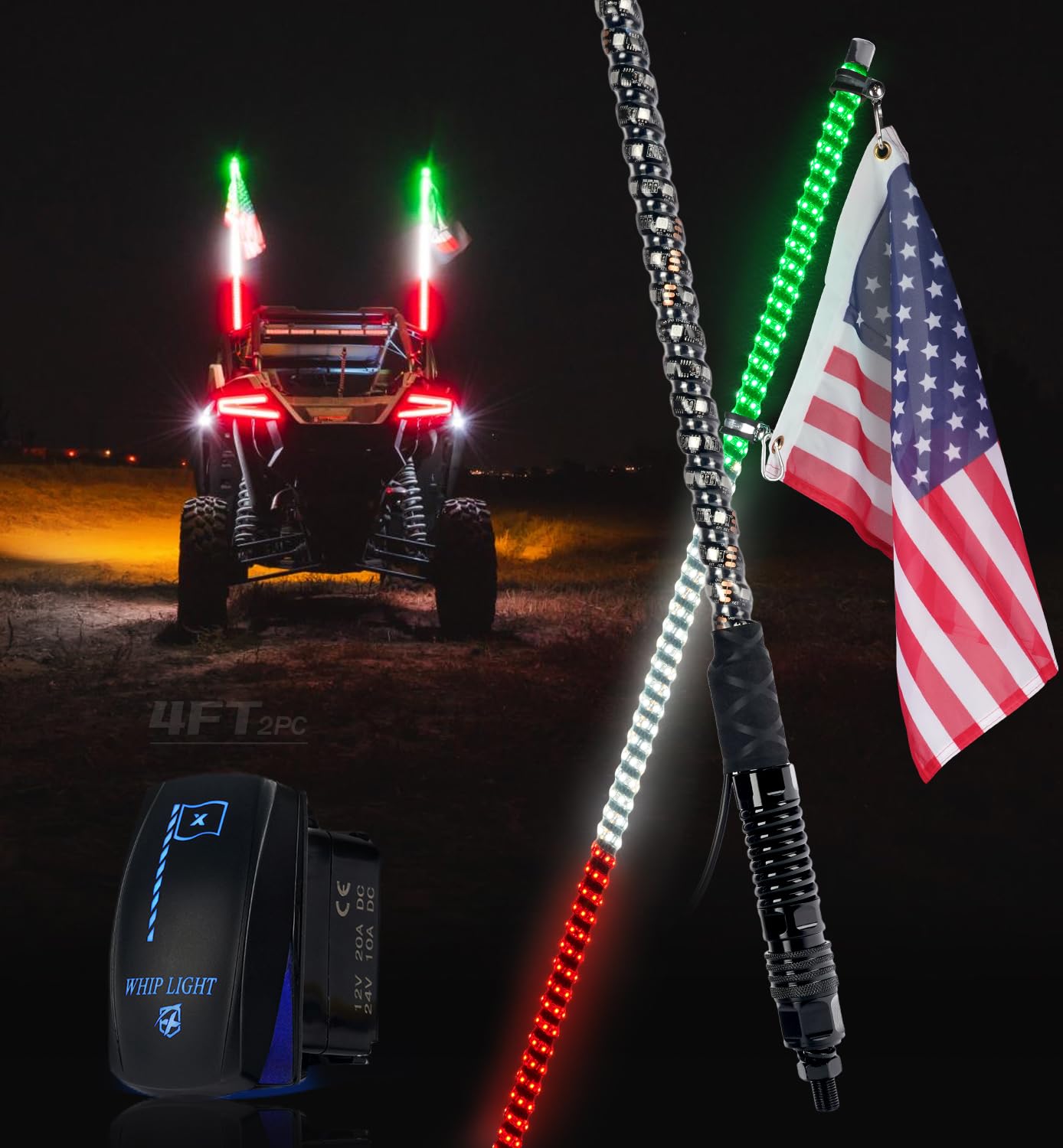 Xprite 4ft green-white-red spiral LED whip lights the trail for off-road visibility