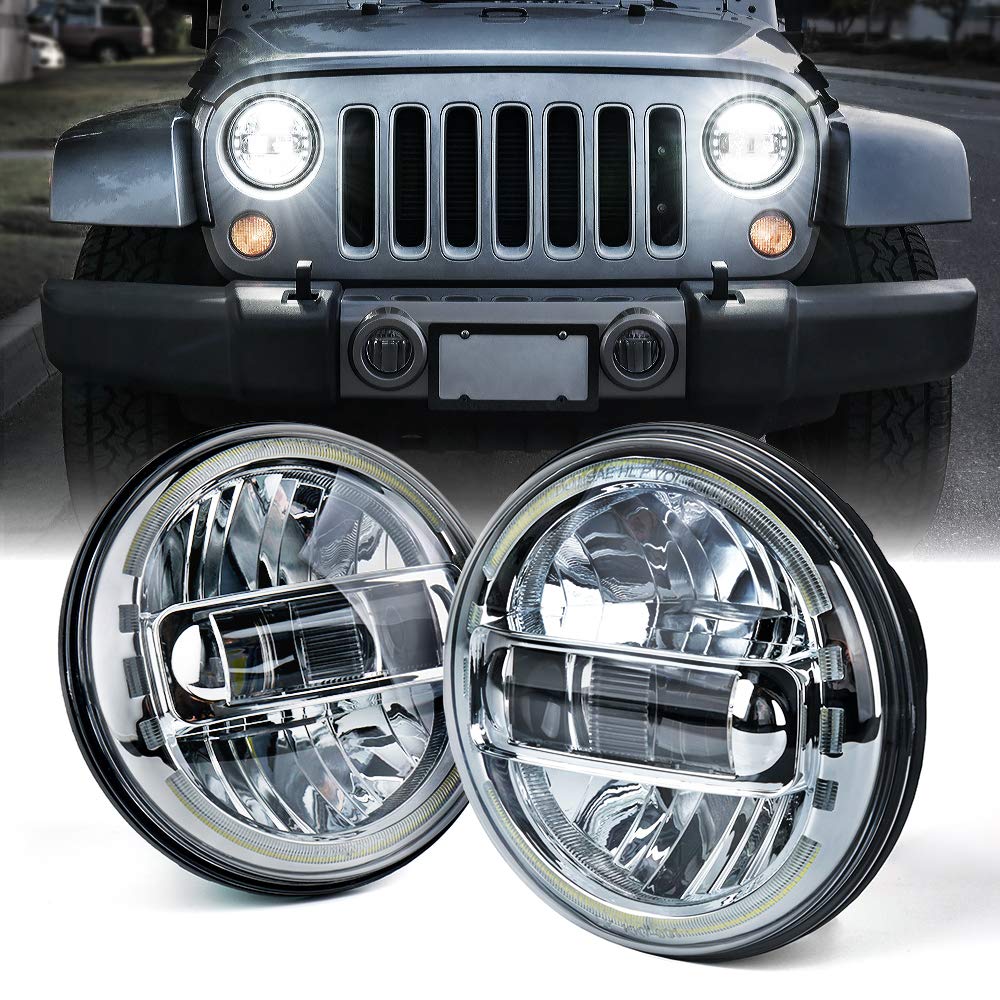 Xprite 7-inch LED headlights with chrome halo ring for bright visibility.