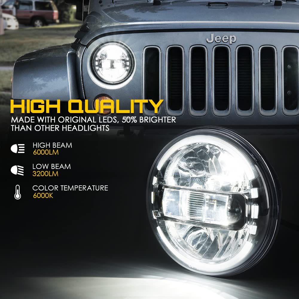 Xprite 7-inch round headlights PC lens highlights weather resistance.