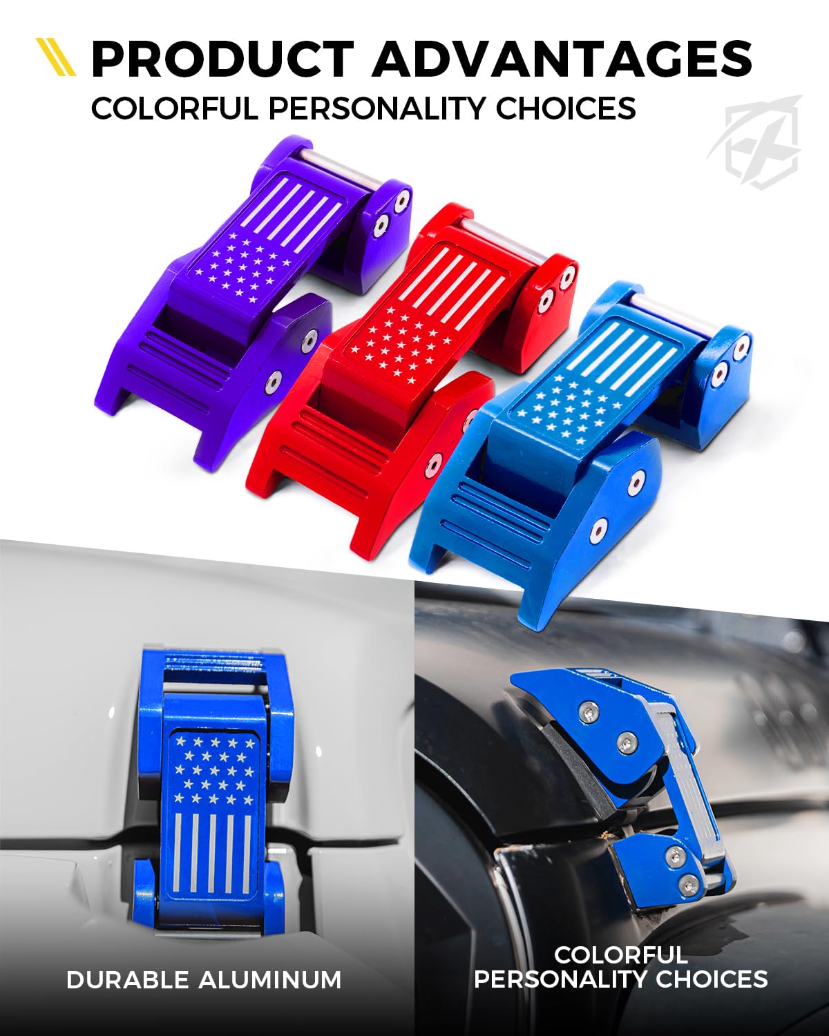 Xprite aluminum blue hood latches with US flag close-up detail