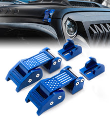 Xprite aluminum blue hood latches with US flag front view for a bold Wrangler upgrade