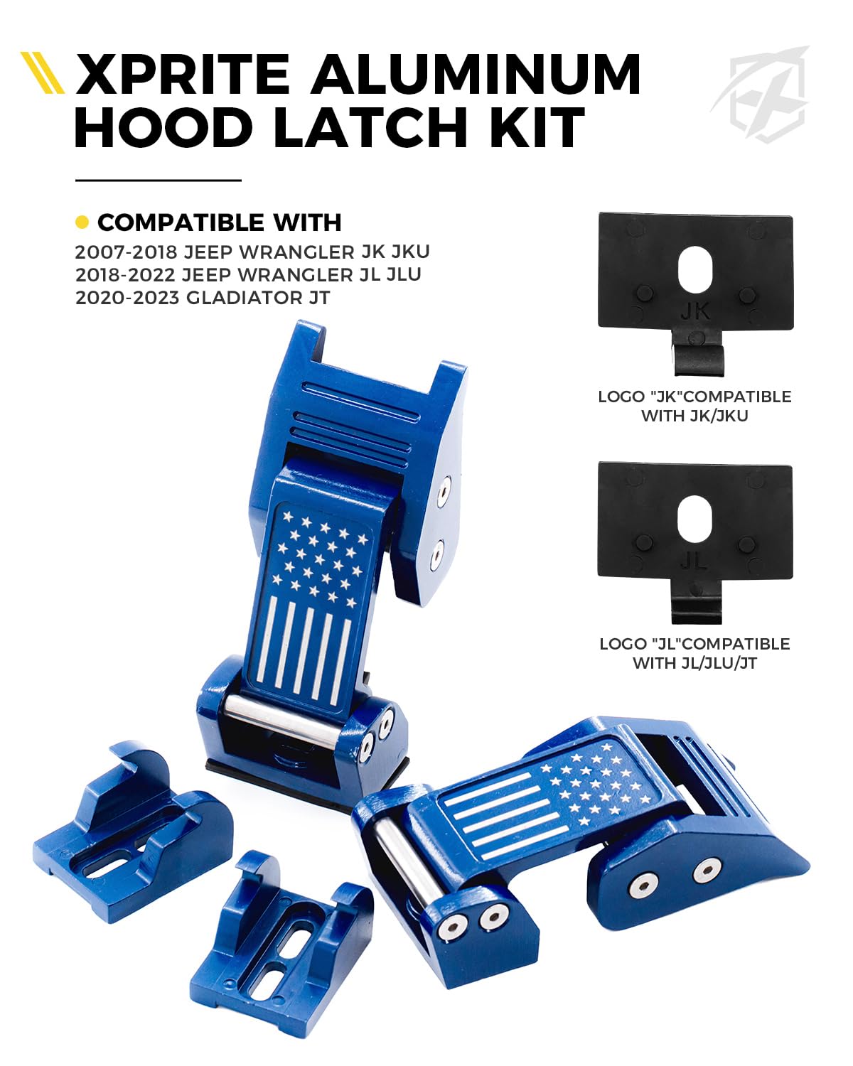 Xprite hood latches with US flag installed on Jeep Wrangler JL