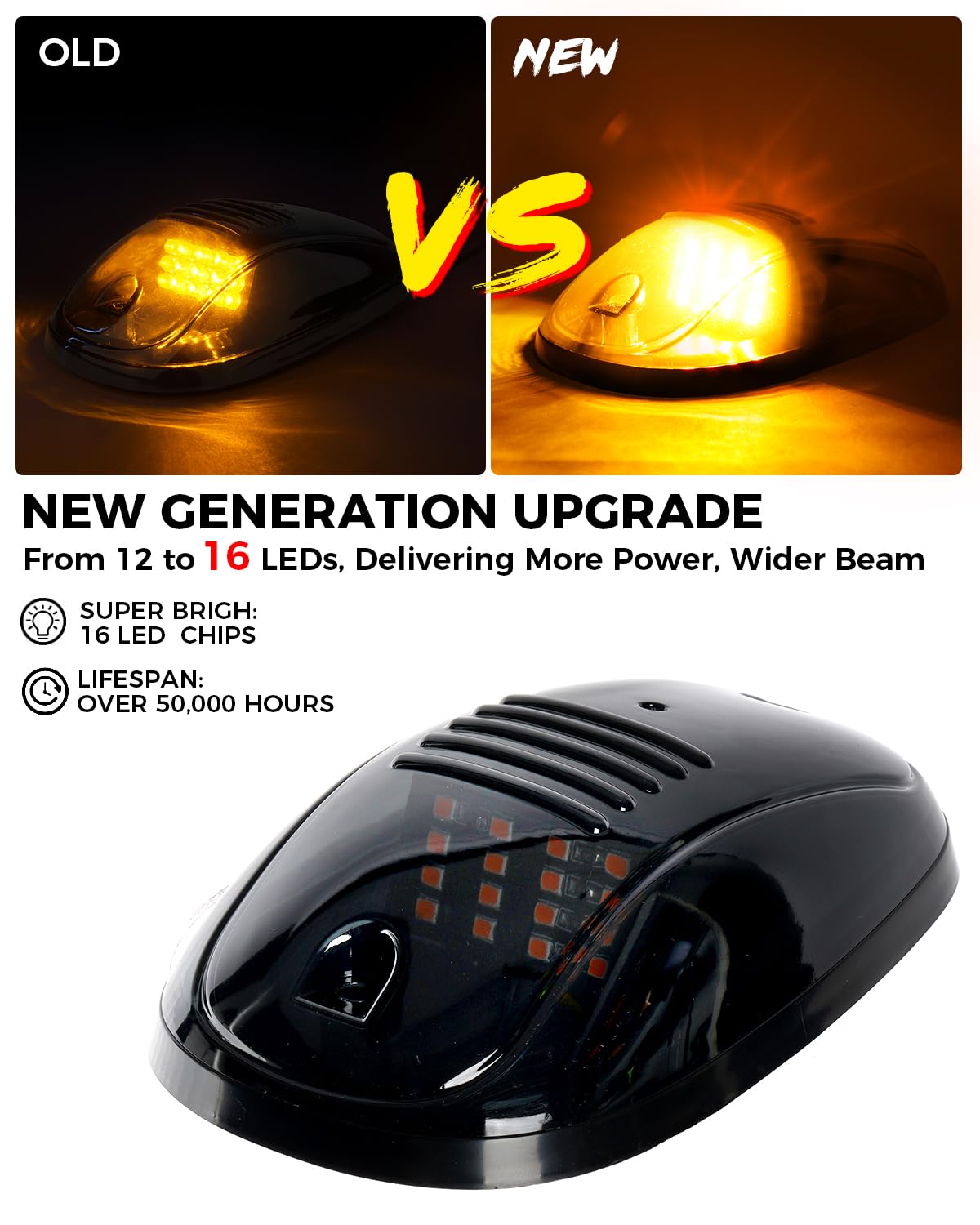 Xprite amber-yellow roof top marker light close-up highlights durable smoked lens