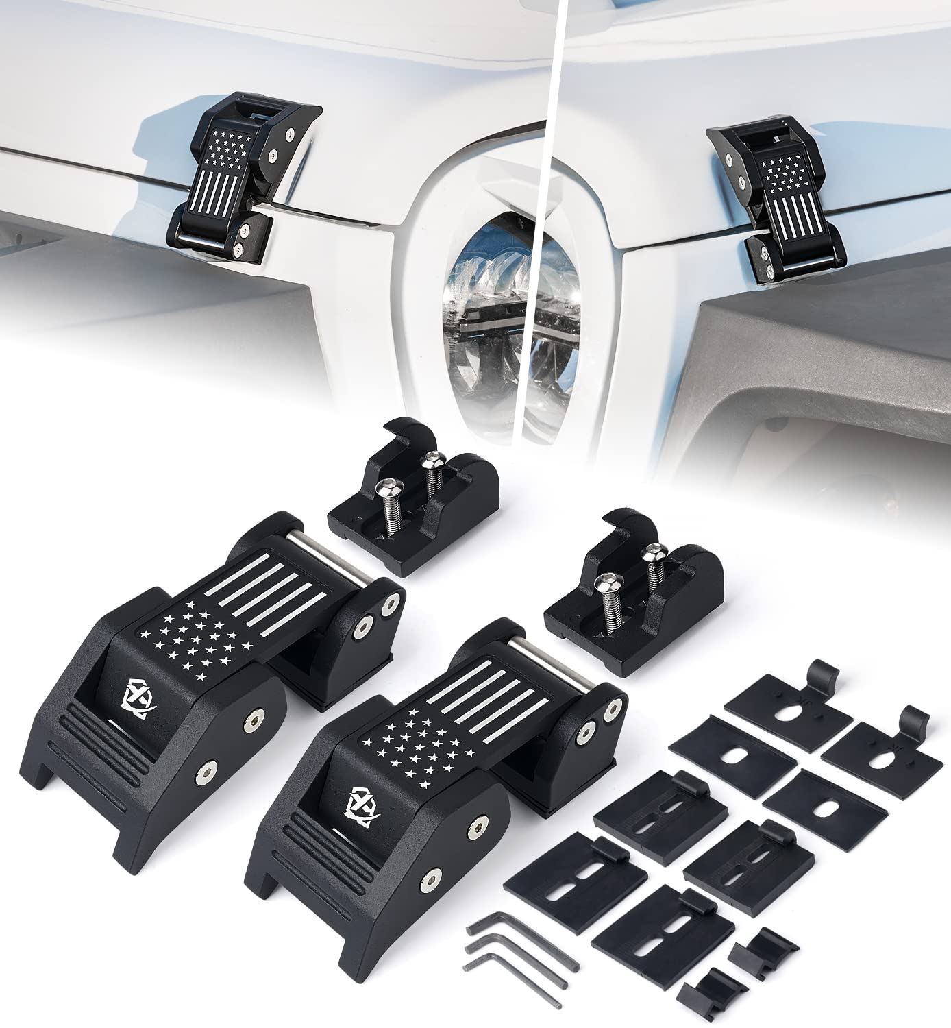 Xprite hood latches with U.S. flag design showing durable aluminum construction for Jeep Wranglers.