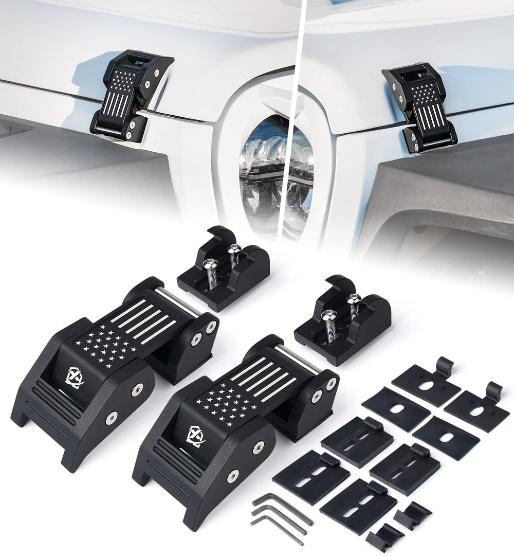 Xprite hood latches with U.S. flag design showing durable aluminum construction for Jeep Wranglers.