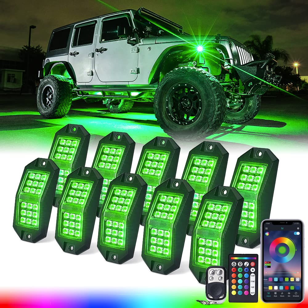 Xprite Jeep rock lights with 10 pods wide-angle illuminate the undercarriage for improved visibility.
