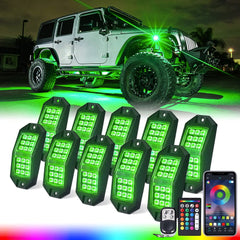 Xprite Jeep rock lights with 10 pods wide-angle illuminate the undercarriage for improved visibility.