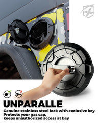 Xprite locking gas cap cover lock mechanism closeup with key access