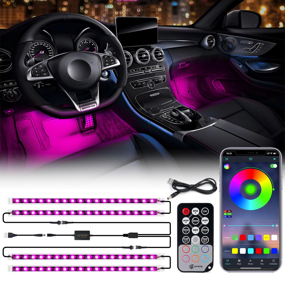 Xprite RGB interior light strip enhances cabin ambiance with vivid color options.