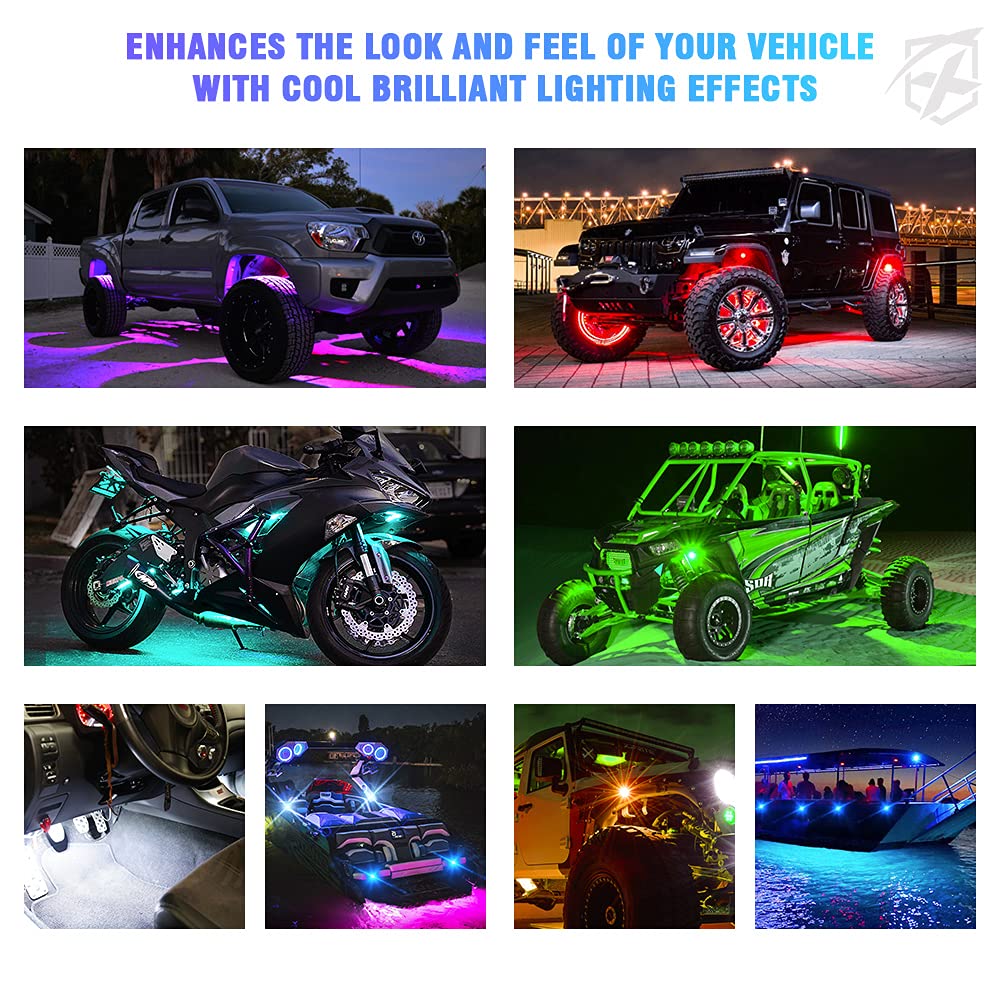 Xprite RGB rock lights suitable for off-road trucks, UTVs, and SUVs.