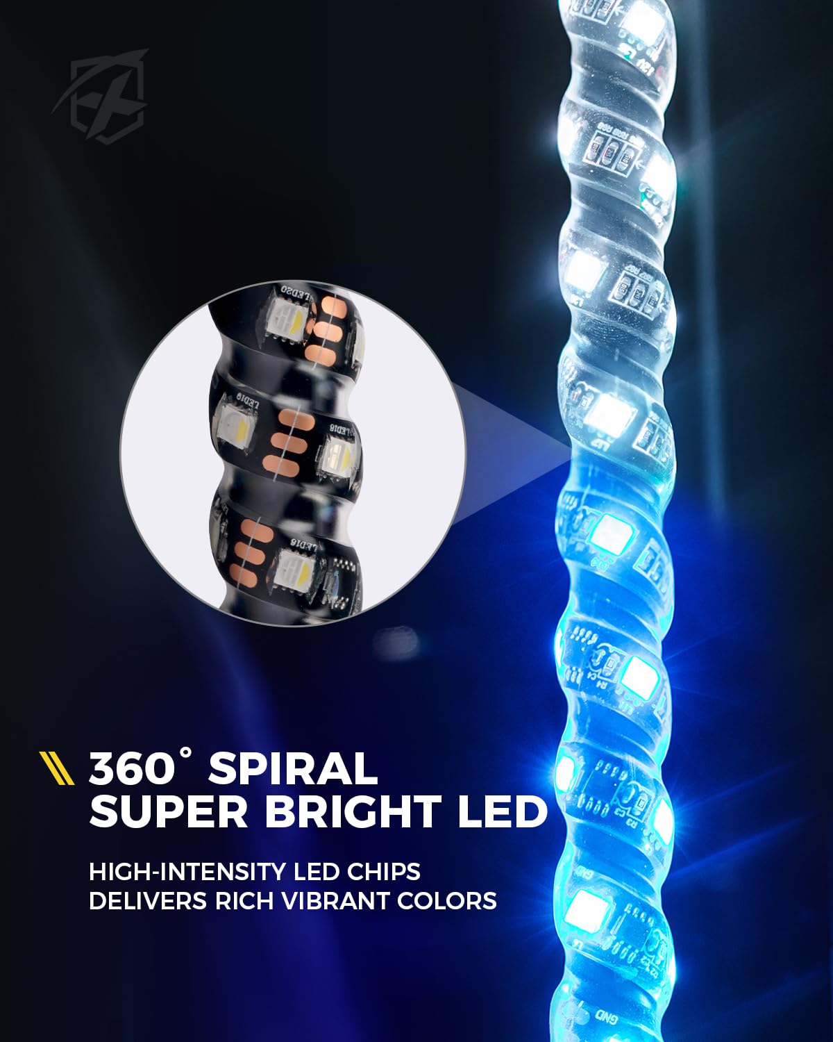 Xprite rocker switch integrated on whip light allows simple on/off control.