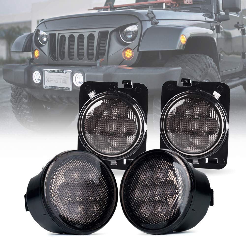 Xprite smoked-lens turn signal for Jeep Wrangler front grille improves visibility and style.
