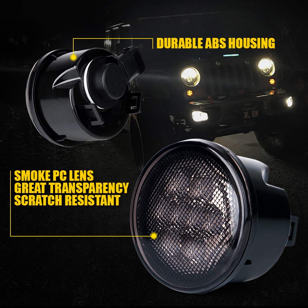Xprite smoked-lens signals for Jeep Wrangler JK illuminate amber light with premium appearance.