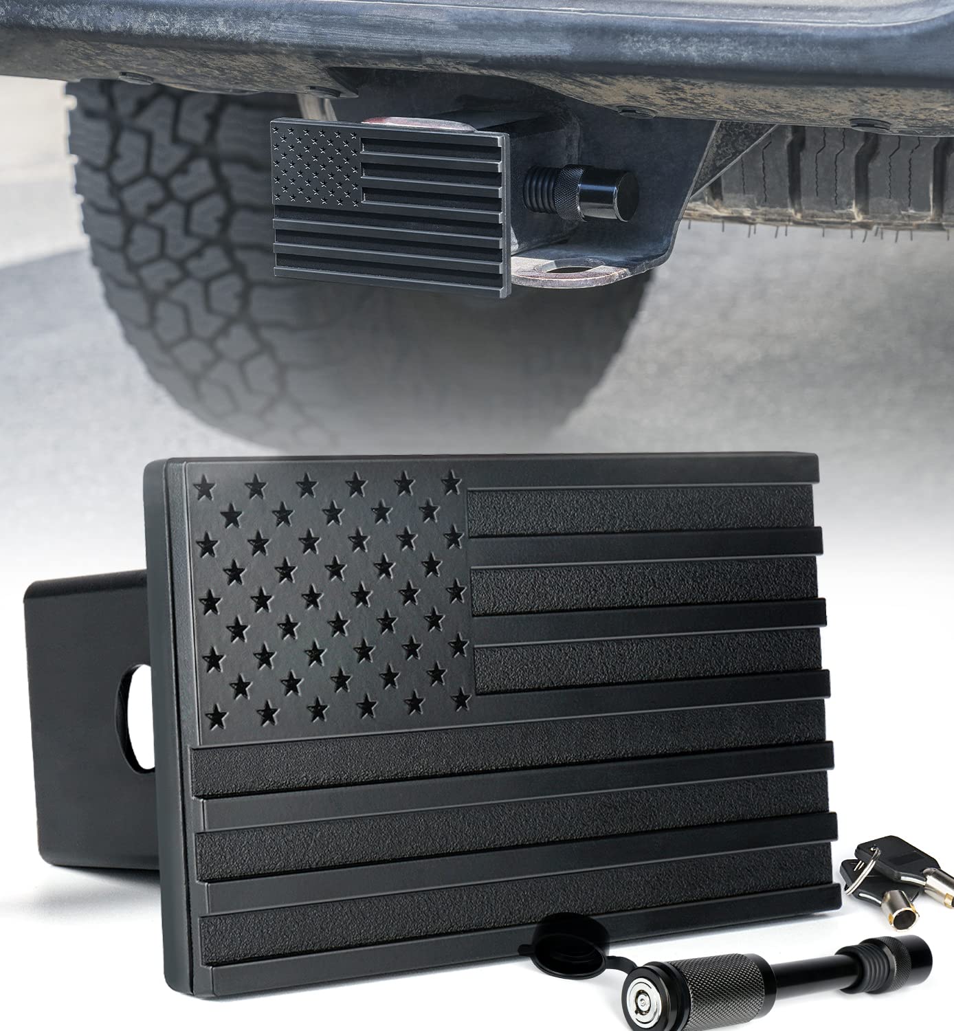 Xprite two-inch hitch cover with American flag emblem for a bold vehicle accent.