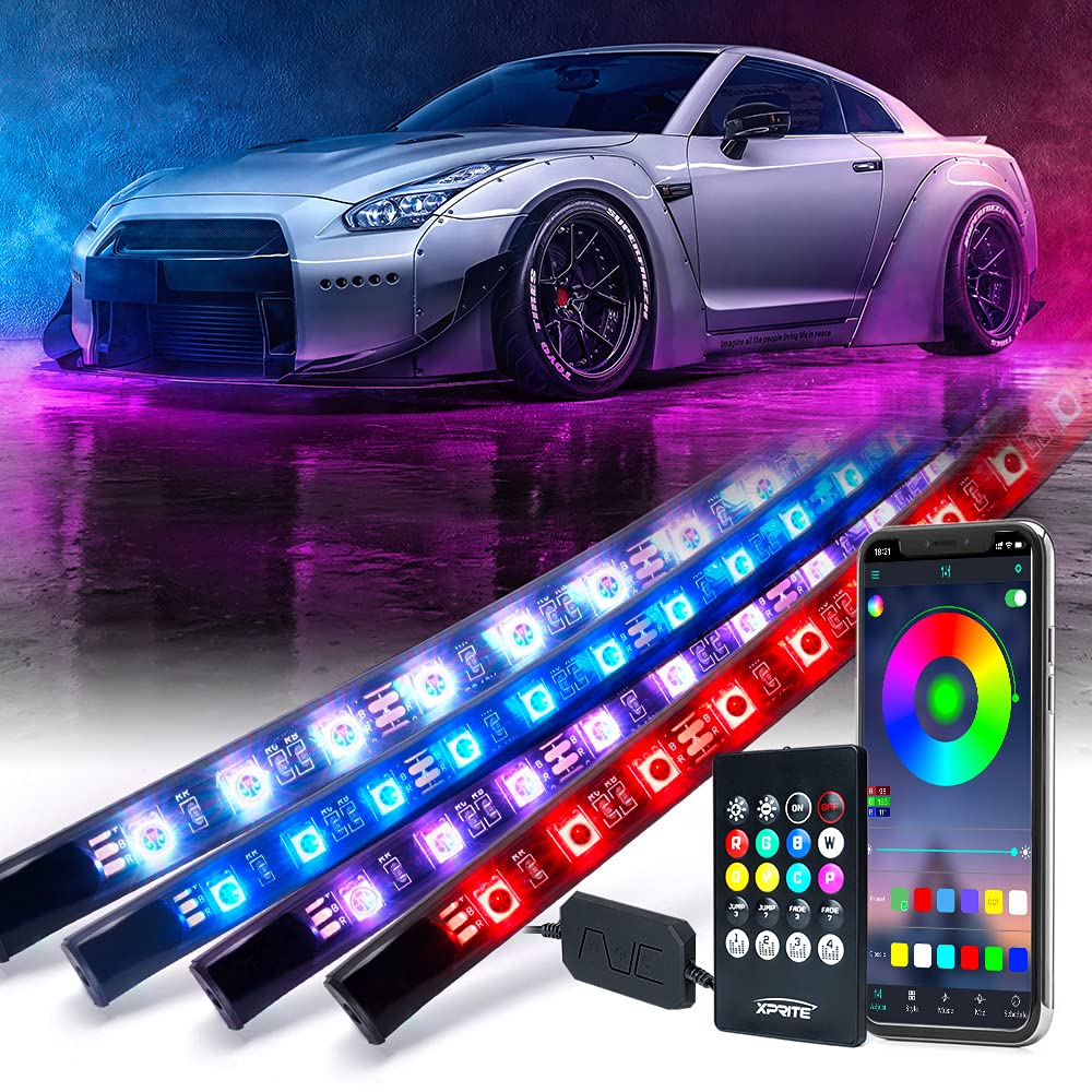 Xprite underglow LED strip lights illuminate the car underside with customizable color