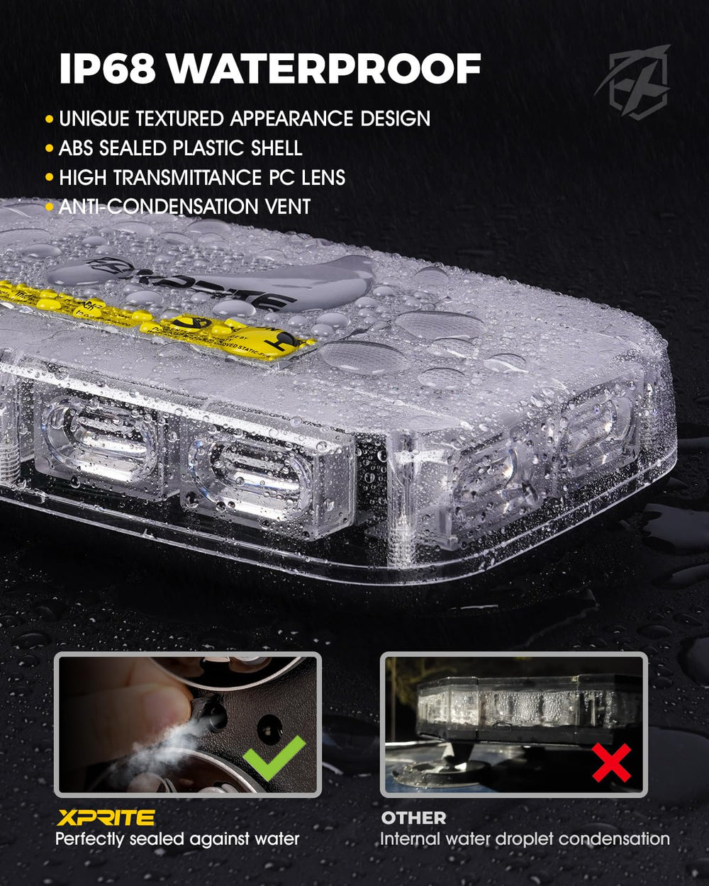 Xprite strobe with magnetic base, easy attachment to metal rooftops.