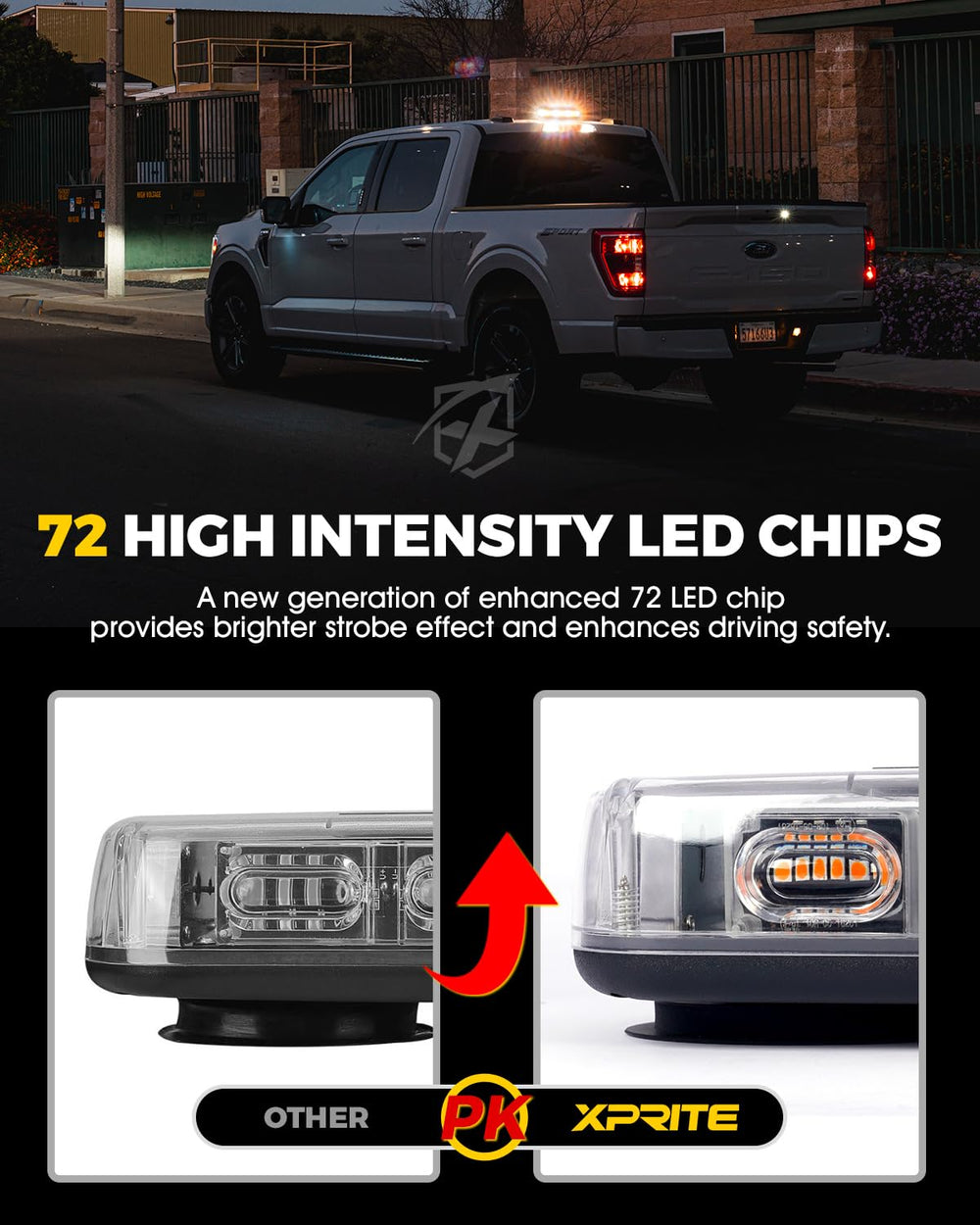Xprite rooftop strobe side mount, compact installation on a vehicle roof.