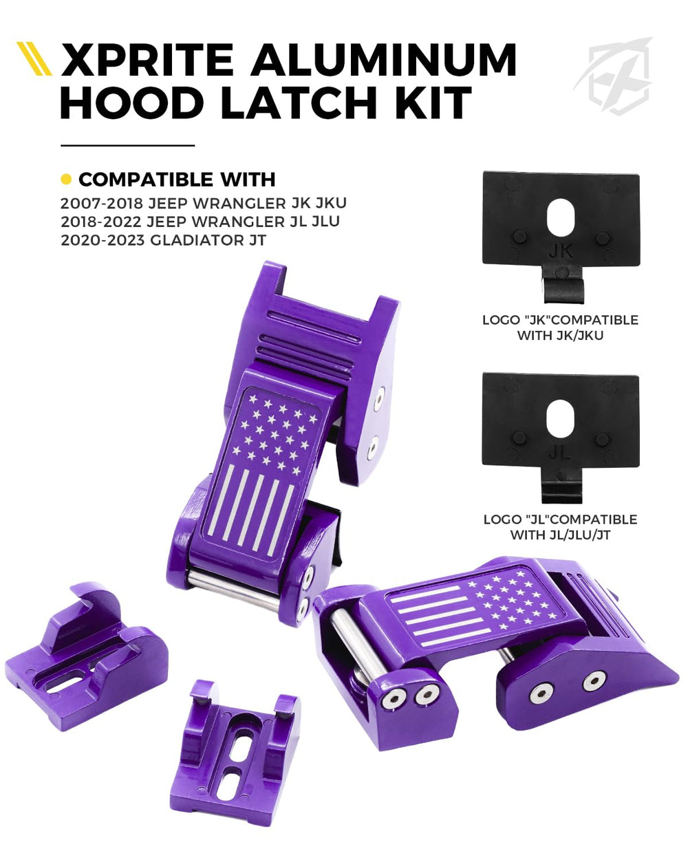Xprite hood latches featuring U.S. flag emblem detail for rugged appeal.