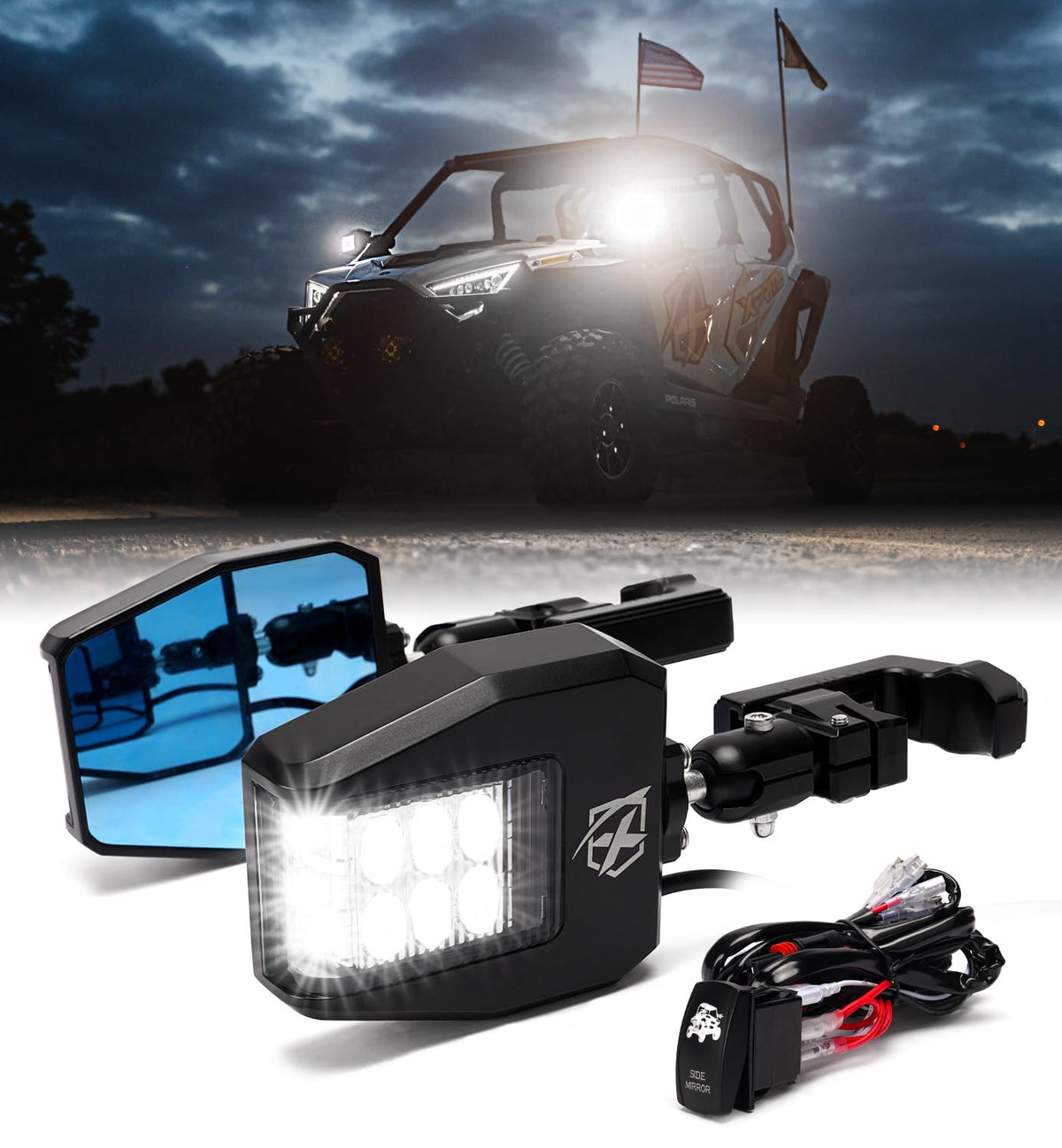 Xprite UTV mirror with LED spot light on the left side enhances trail visibility.