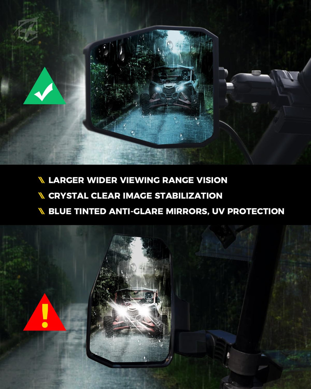 Xprite UTV mirror with LED spot light on the right side enhances trail visibility.