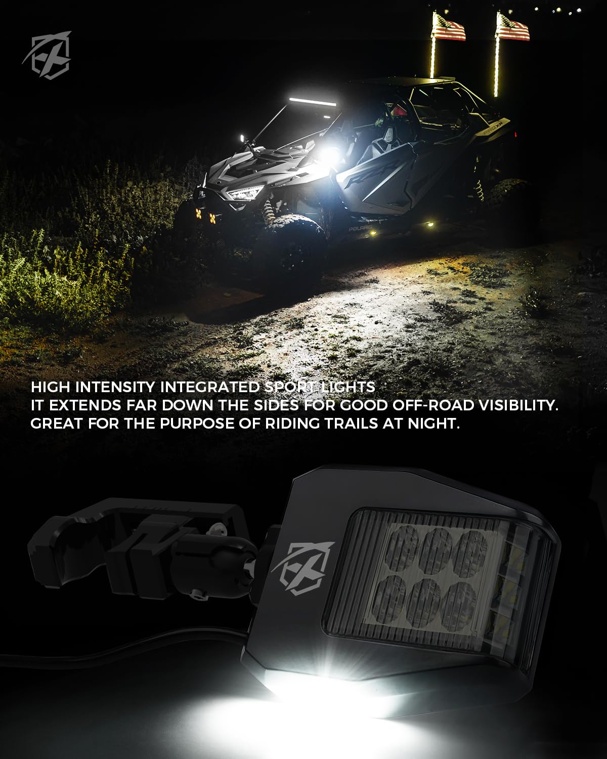 Xprite UTV mirror with puddle light enhances low-light navigation.