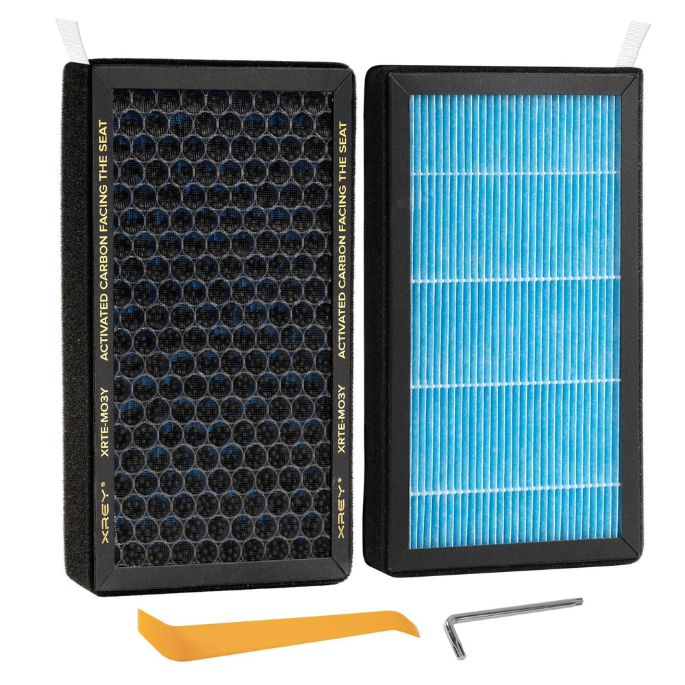 XREY Tesla Model 3/Y HEPA filter close-up showing dense pleats for enhanced filtration.