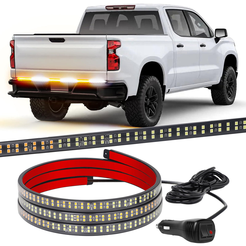 XRIDONSEN 48-inch tailgate strobe light strip glowing amber and white for high visibility