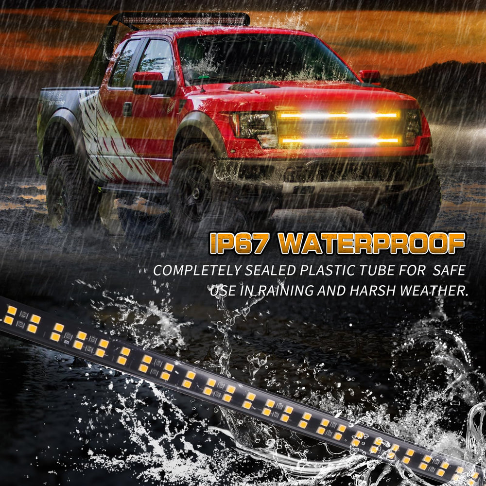 XRIDONSEN amber and white strobe strip on tailgate increases rear visibility during emergencies.