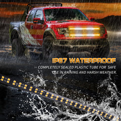 XRIDONSEN amber and white strobe strip on tailgate increases rear visibility during emergencies.
