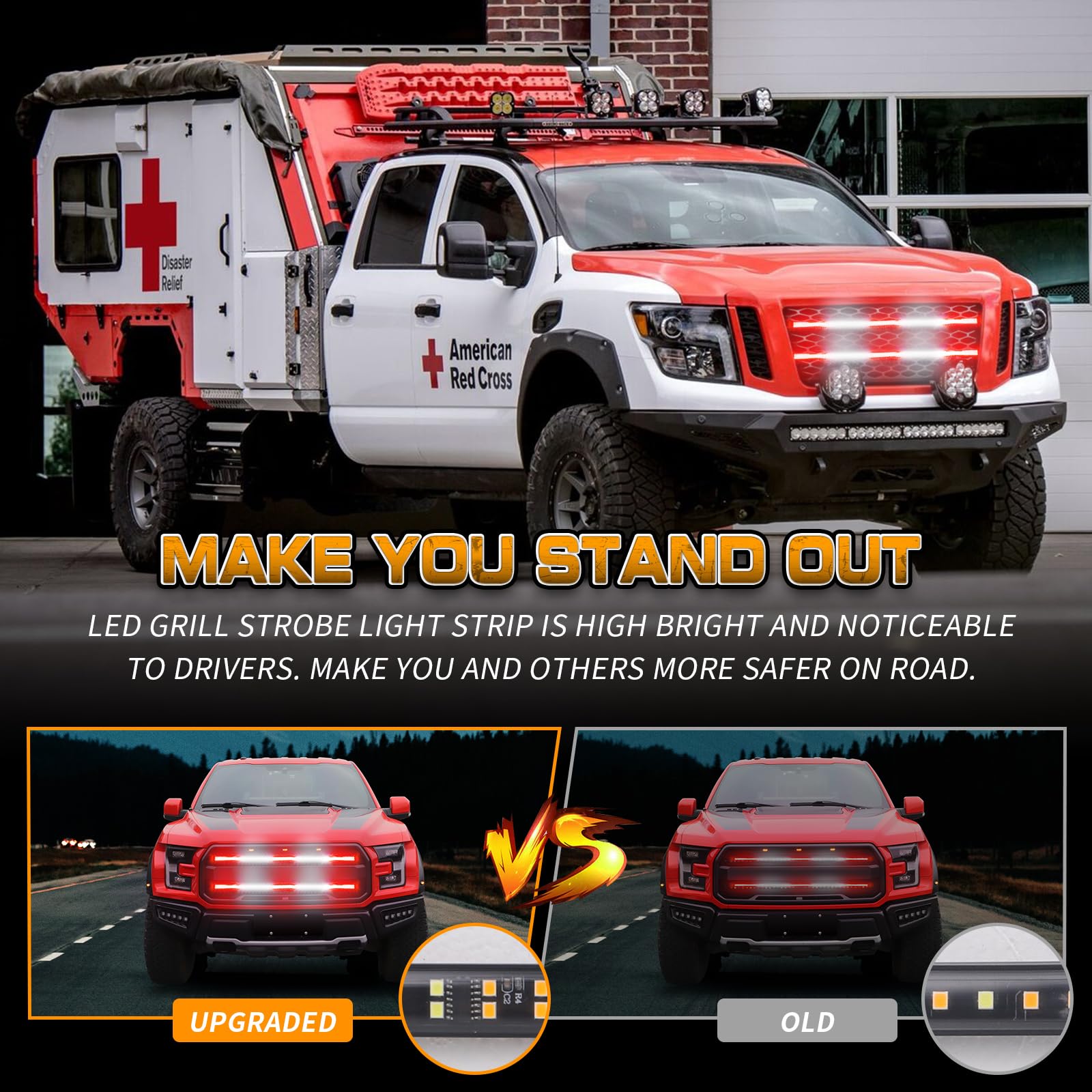 XRIDONSEN emergency light strip 30in red white enhances vehicle safety on roads.