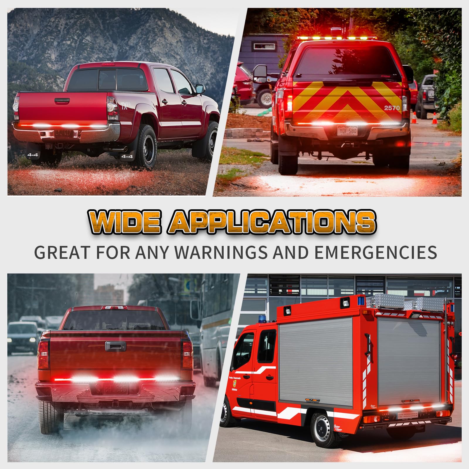 XRIDONSEN tailgate emergency light strip suited for hazard, first responder, tow trucks, and off-road vehicles