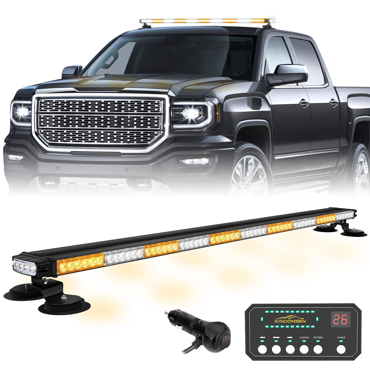 XRIDONSEN roof top strobe light bar emits amber and white beams for high visibility
