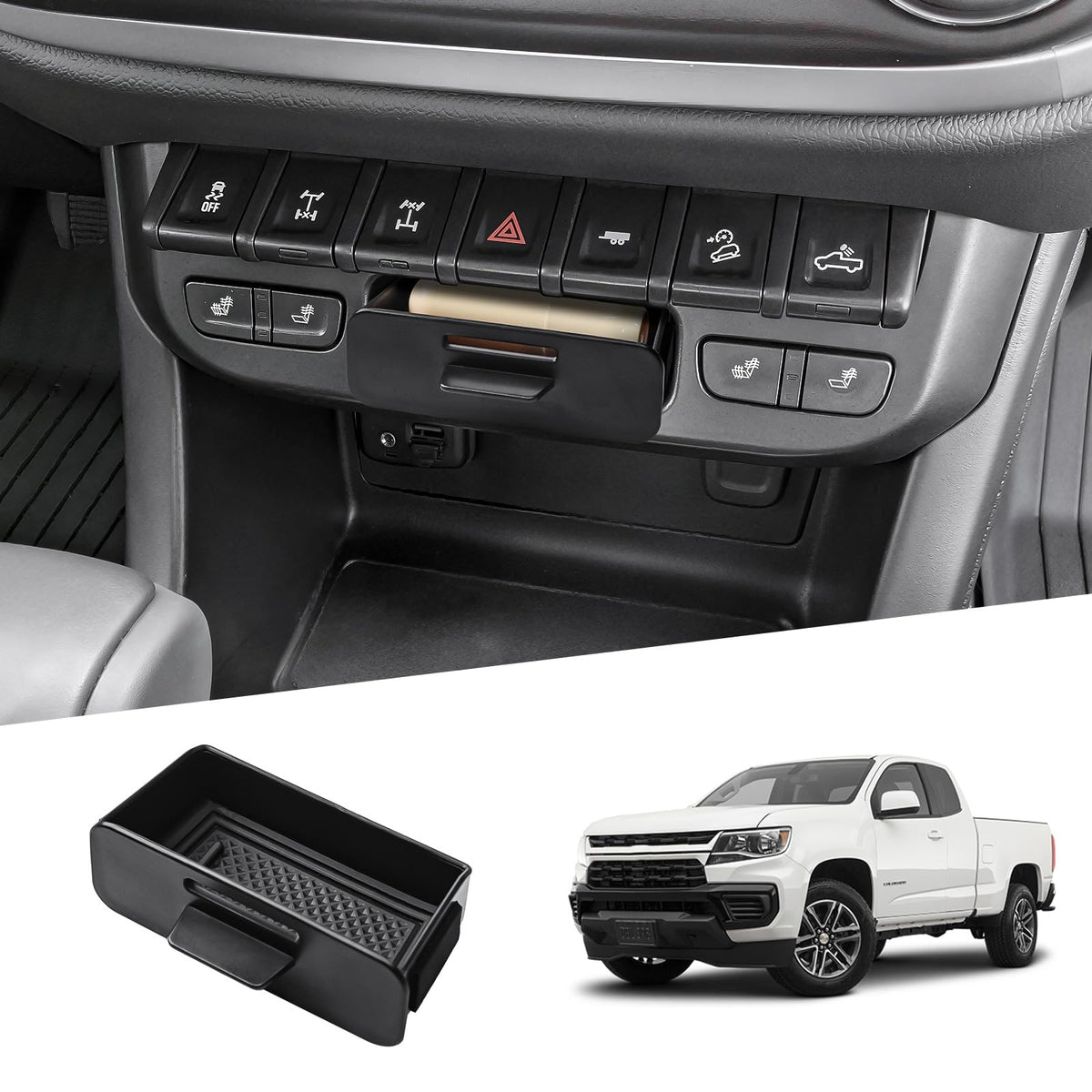X-TKER hidden center console drawer demonstrates organized storage for Colorado and Canyon