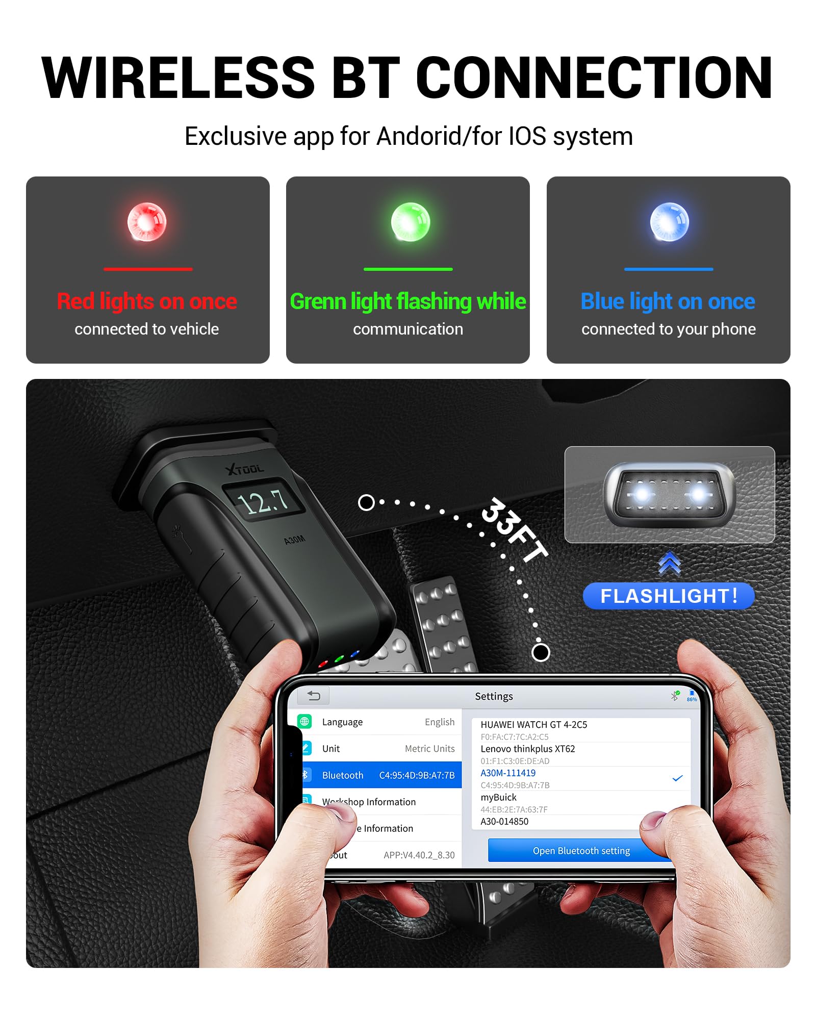 XTOOL Anyscan A30M VCI dongle with flashlight for dim garages.