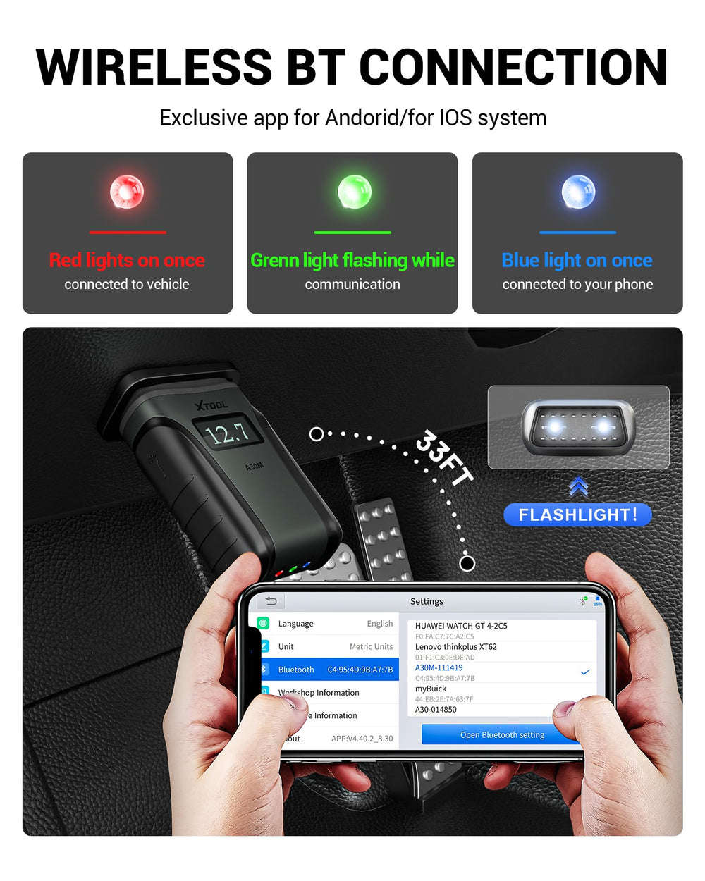 XTOOL Anyscan A30M VCI dongle with flashlight for dim garages.