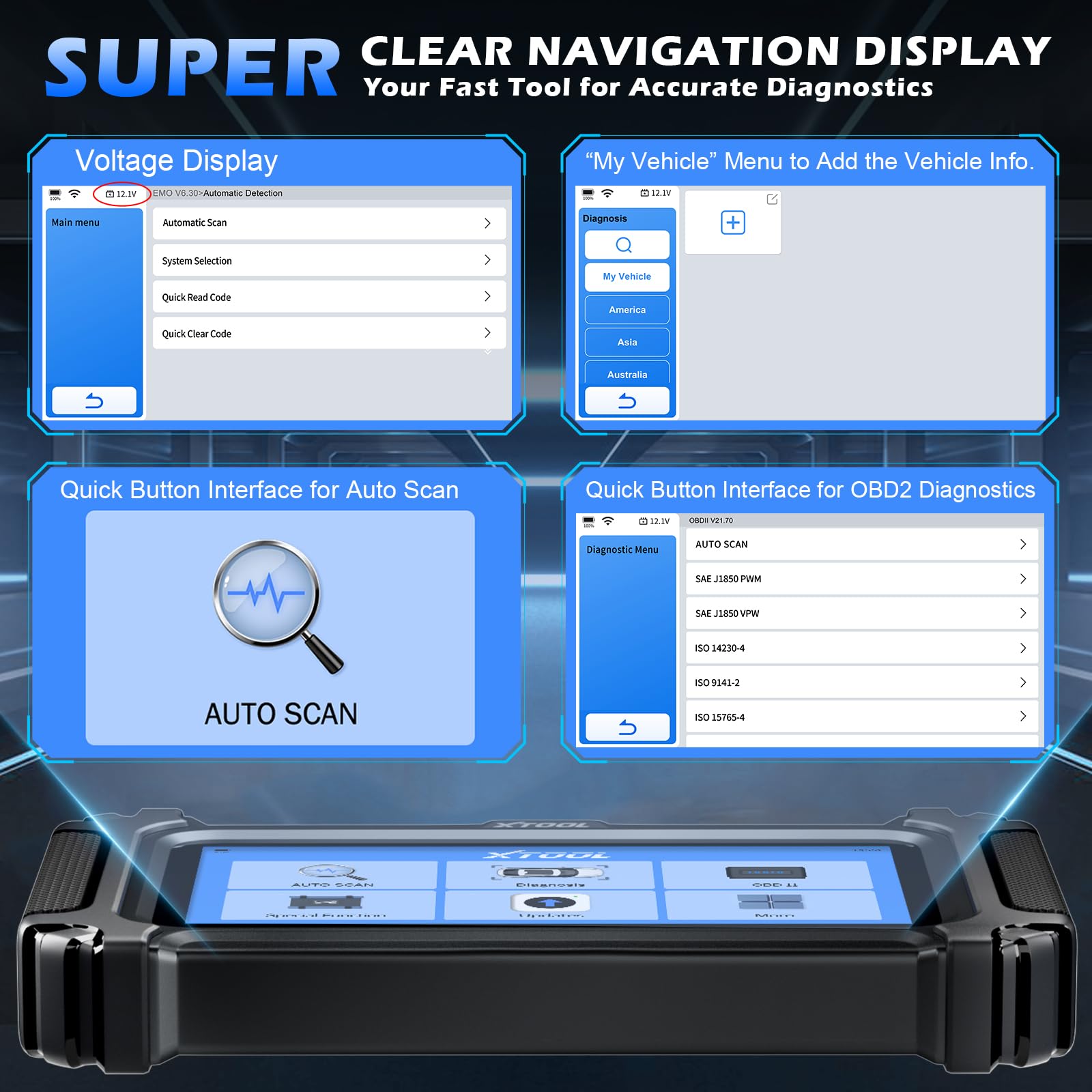 XTOOL D5 reads ABS and SRS codes for brake and airbags checks.
