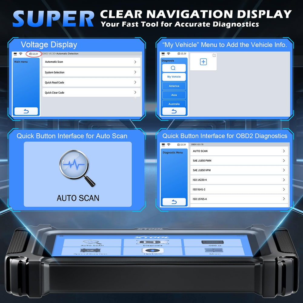 XTOOL D5 reads ABS and SRS codes for brake and airbags checks.