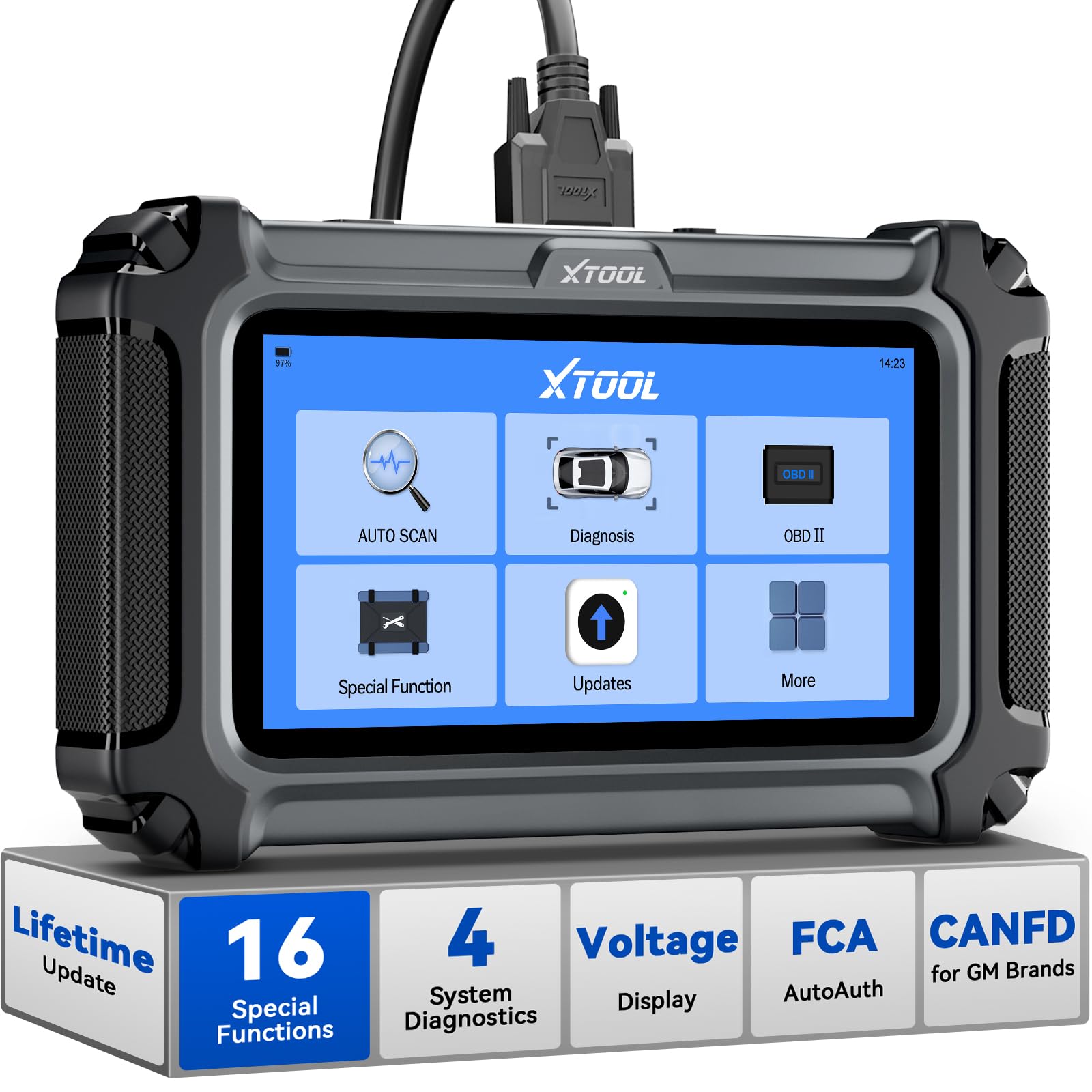 XTOOL D5S touchscreen front view with live data graphs for quick diagnostics.