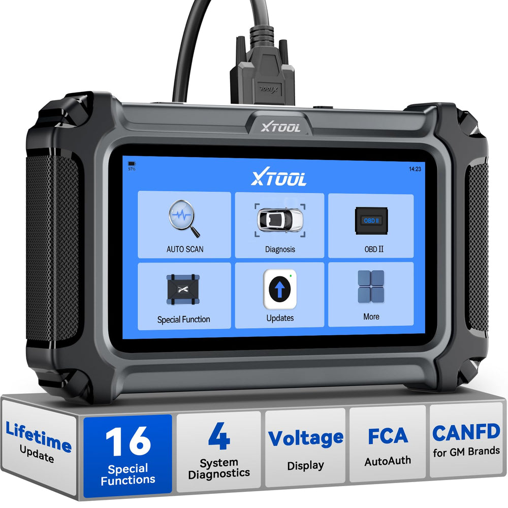 XTOOL D5S touchscreen front view with live data graphs for quick diagnostics.