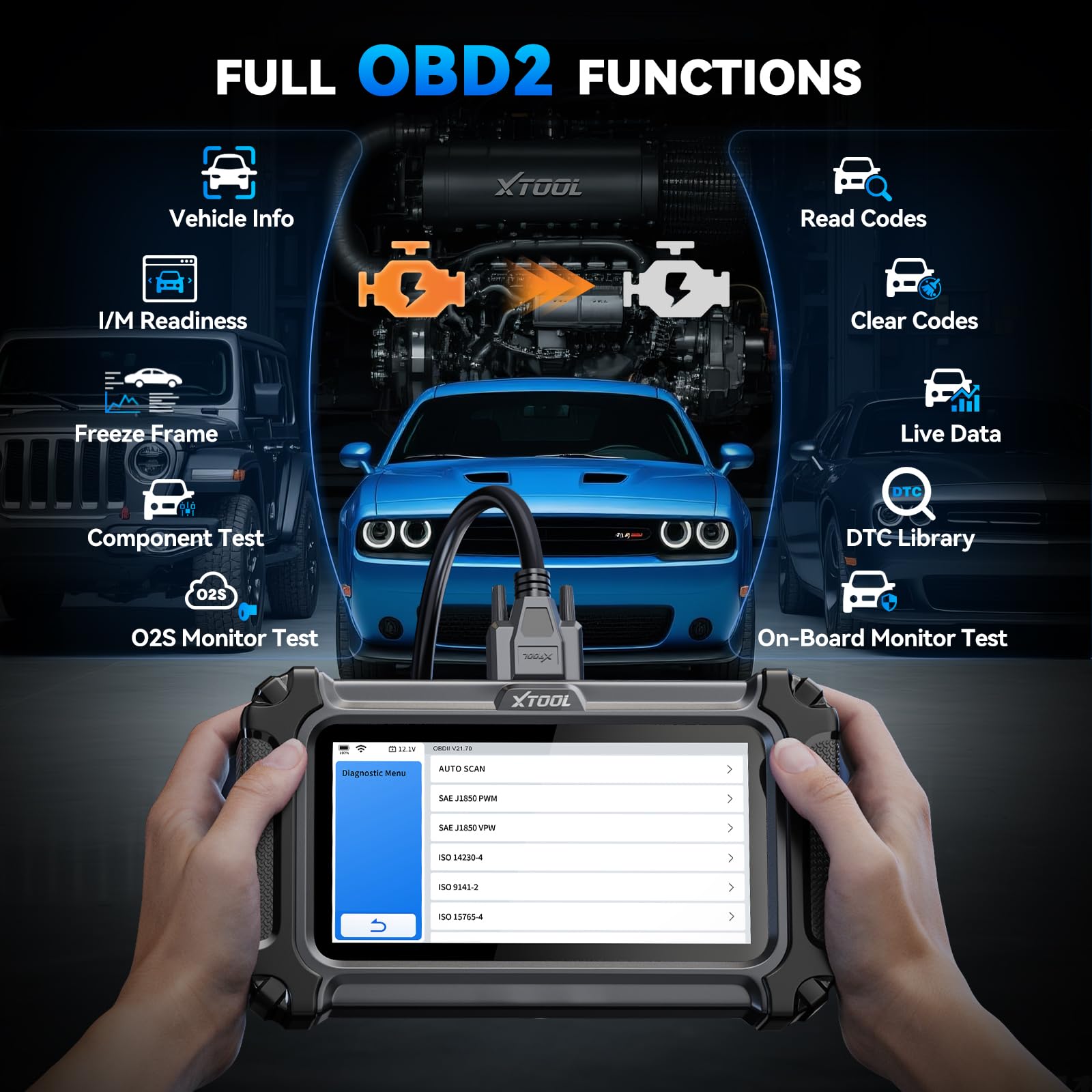 XTOOL IP500 28-plus services menu displayed on screen.