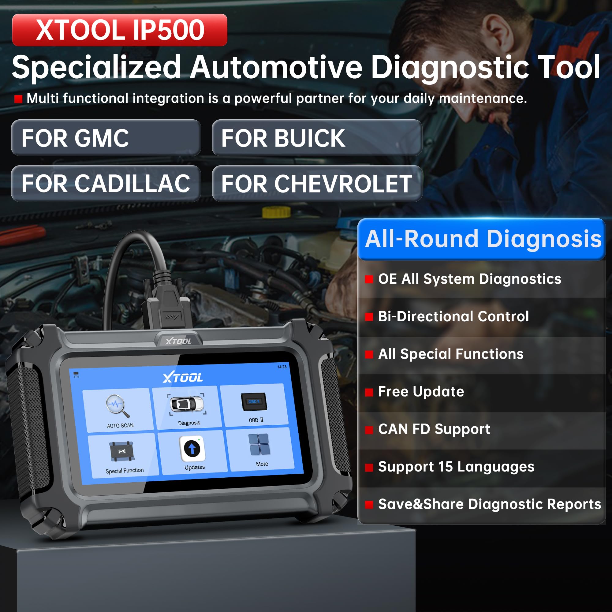XTOOL IP500 full system diagnostics menu showing engine, transmission, and ABS status.