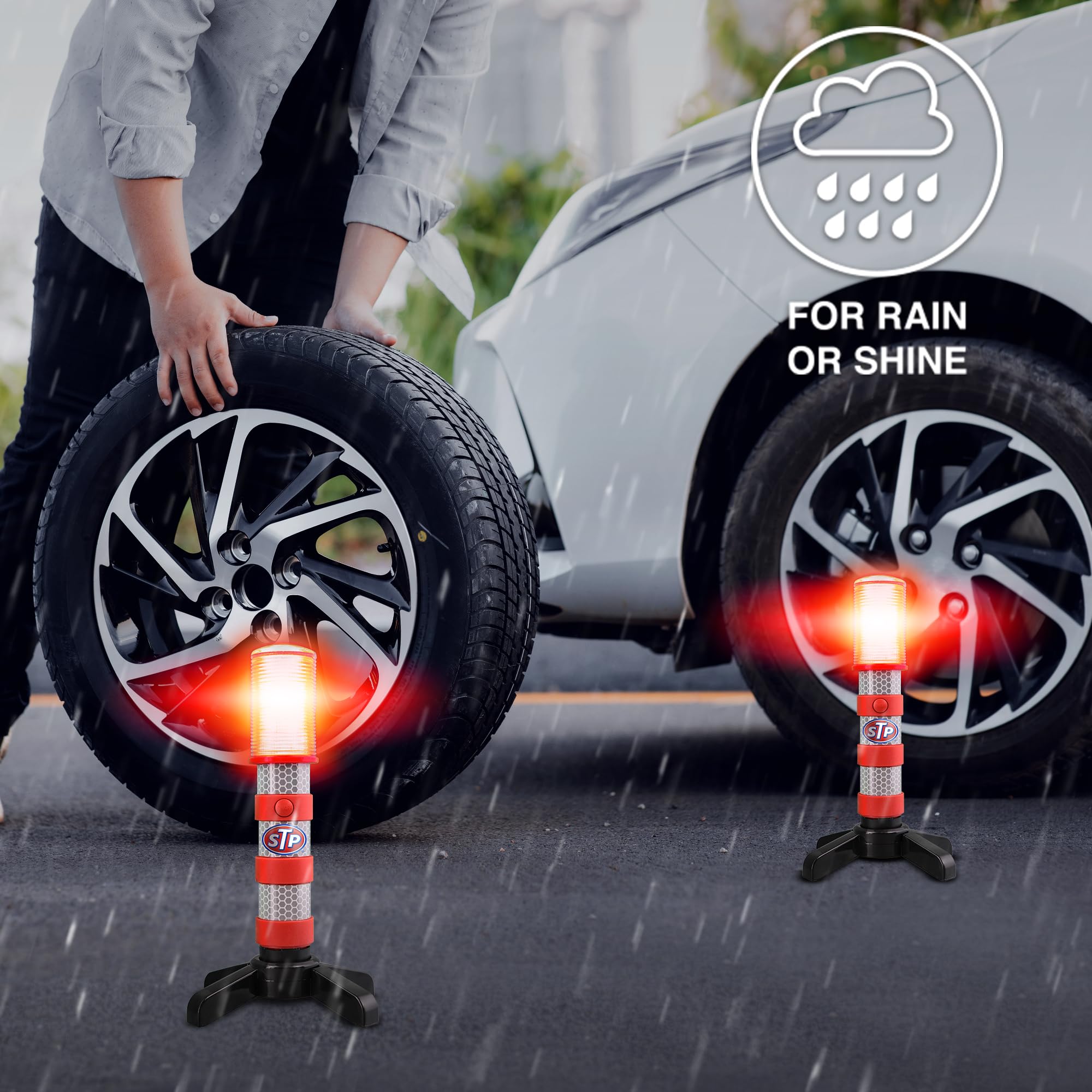 XTREME STP LED Road Flares foldable stand offers stable placement on pavement.