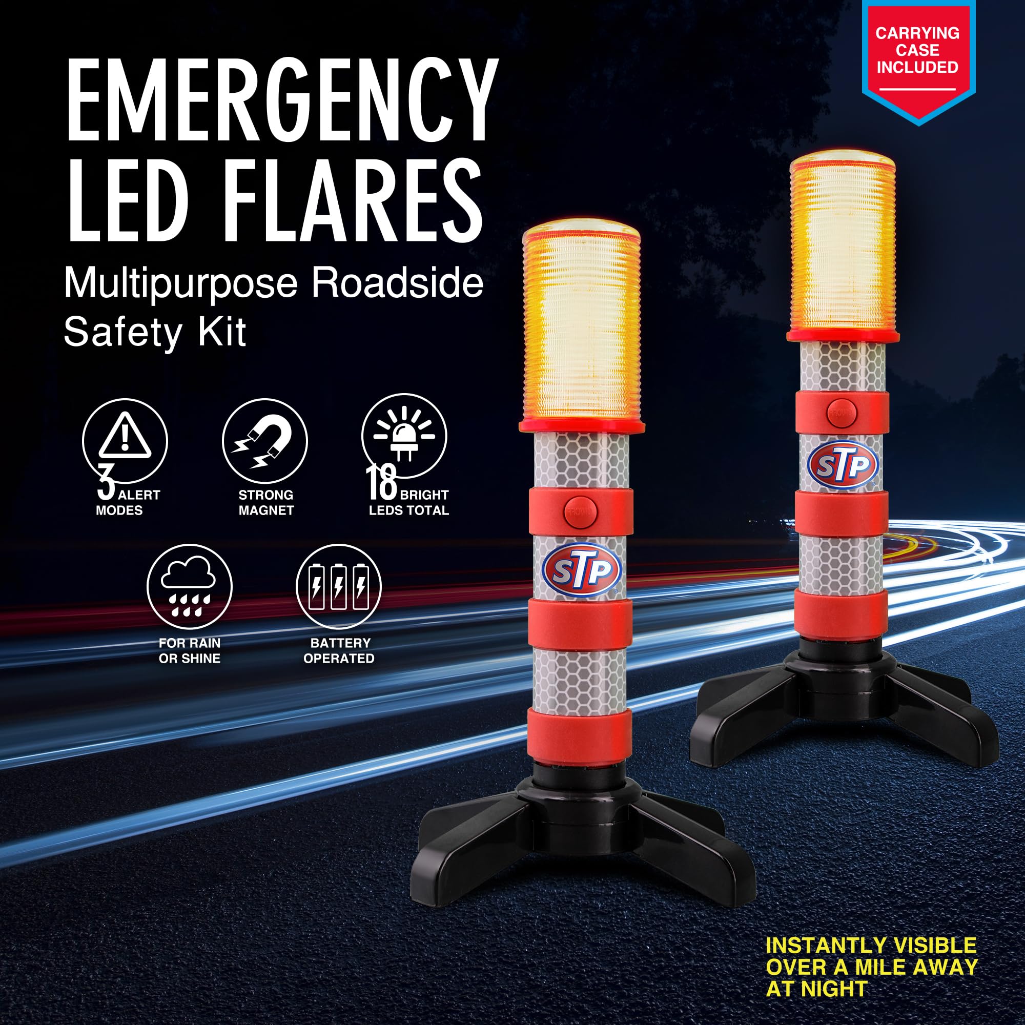 XTREME STP LED Road Flares solid red mode provides stable signaling for traffic.