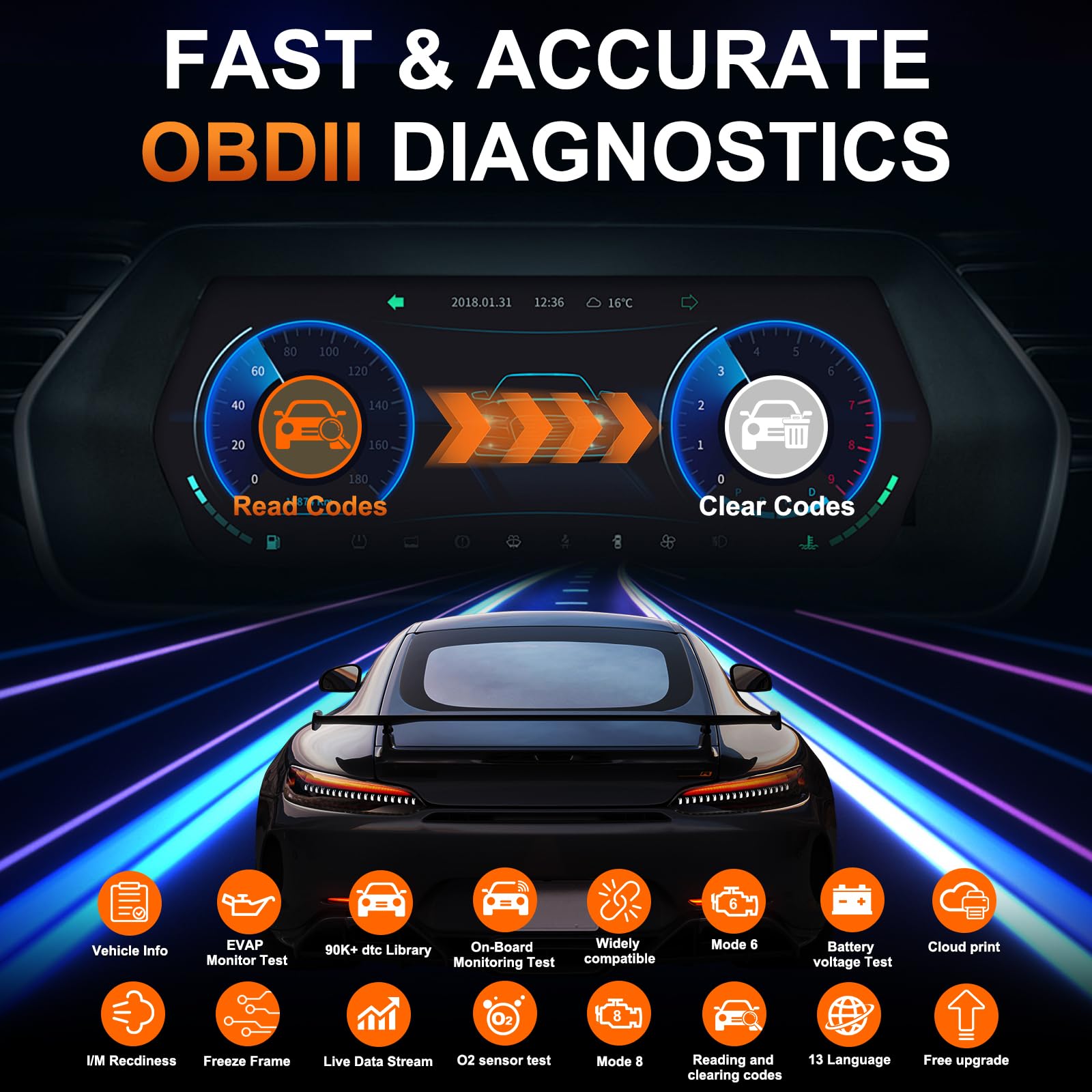 Xtruck OBD2 wireless scanner night vision LED assists dark port connections