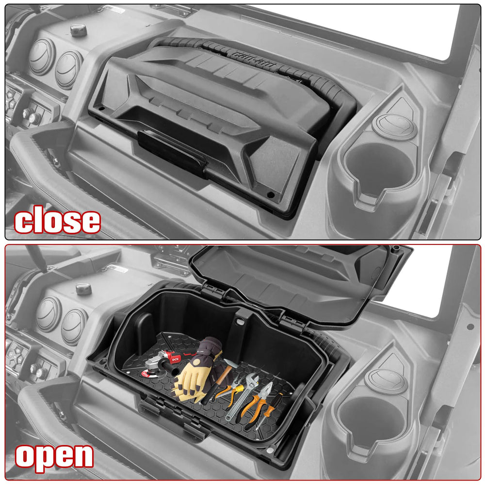 Side profile of XUTVOTOR dash storage box showing increased storage capacity