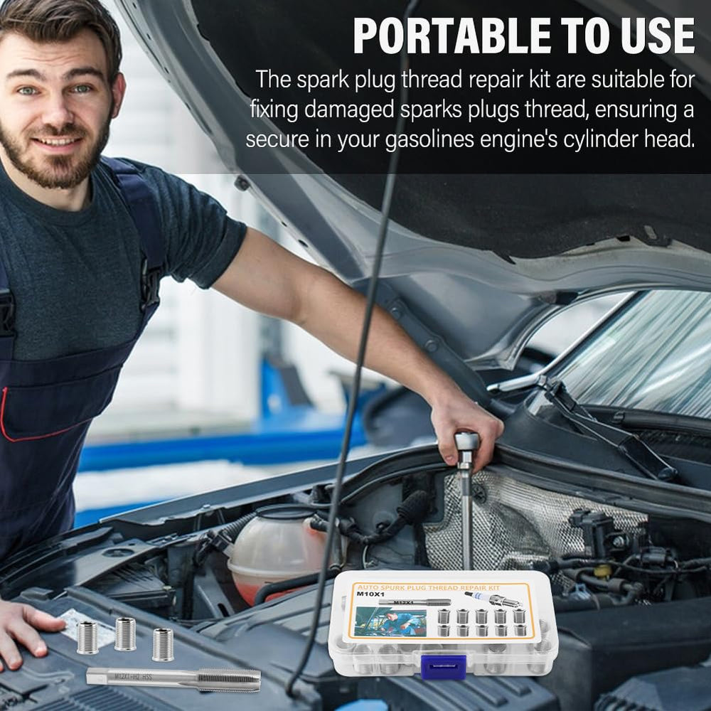 XuYelora spark plug thread repair kit in-use view demonstrates fast repair workflow.